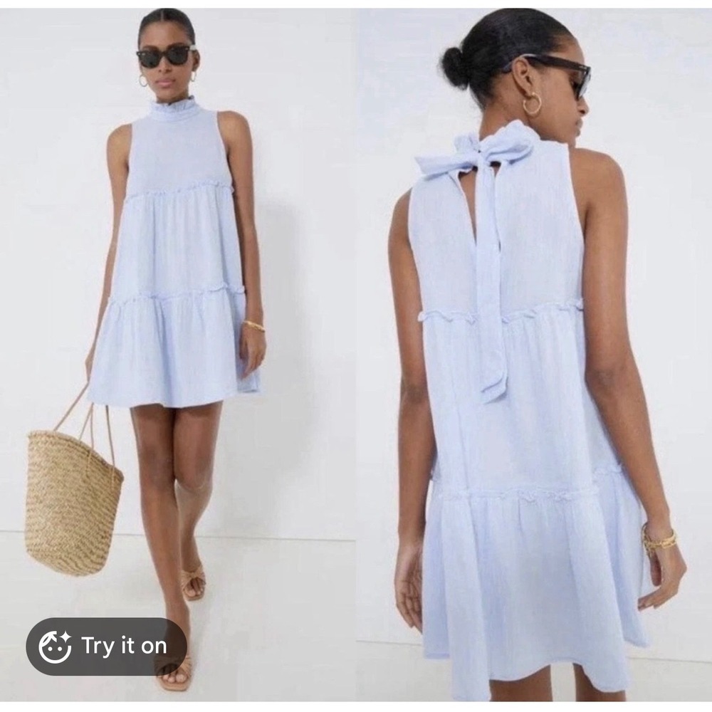 Pomander Place Light Blue Cotton Gauze Tiered Ruffle Tie Back Mini Dress XL